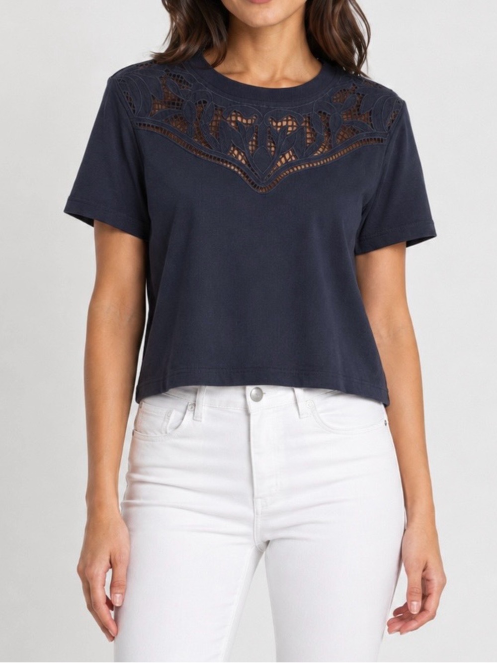 Veronica Beard Monty Embroidered Lace Crew Neck Ponte T-Shirt L